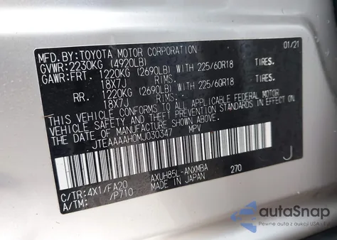 2021 Toyota Venza Le из США, поврежденный, VIN JTEAAAAH0MJ030347